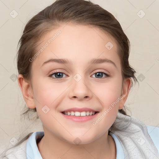 Joyful white child female with medium  brown hair and blue eyes