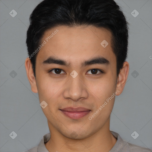 Joyful latino young-adult male with short  black hair and brown eyes