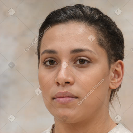 Neutral white young-adult female with short  brown hair and brown eyes