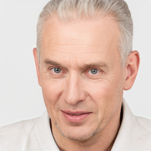 Joyful white middle-aged male with short  brown hair and brown eyes