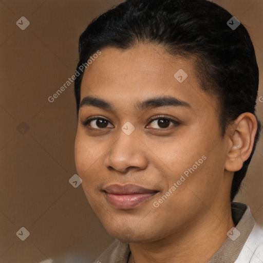 Joyful latino young-adult female with short  brown hair and brown eyes