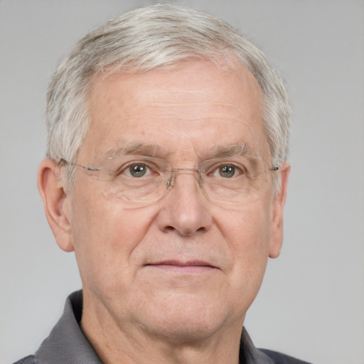 Neutral white middle-aged male with short  gray hair and grey eyes