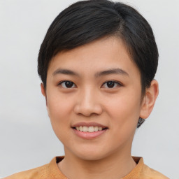 Joyful asian young-adult female with short  brown hair and brown eyes