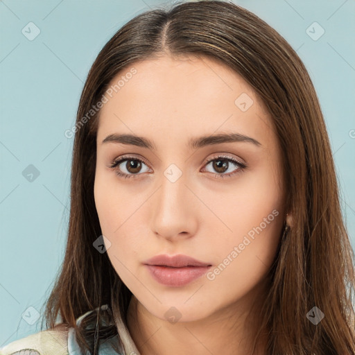 Neutral white young-adult female with long  brown hair and brown eyes