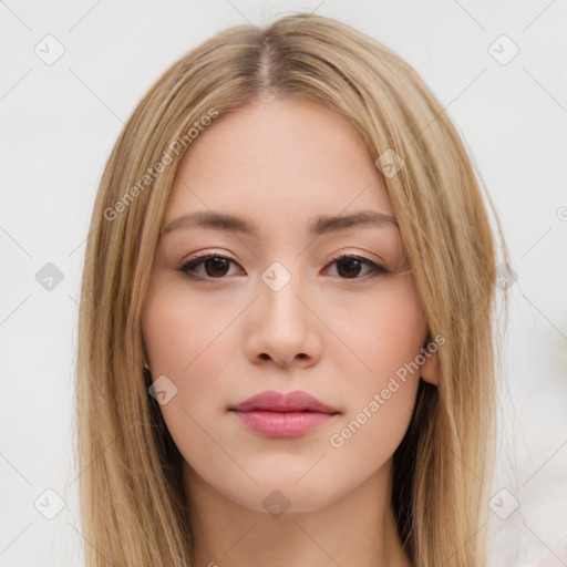 Neutral white young-adult female with long  brown hair and brown eyes