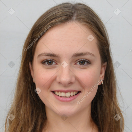 Joyful white young-adult female with long  brown hair and grey eyes