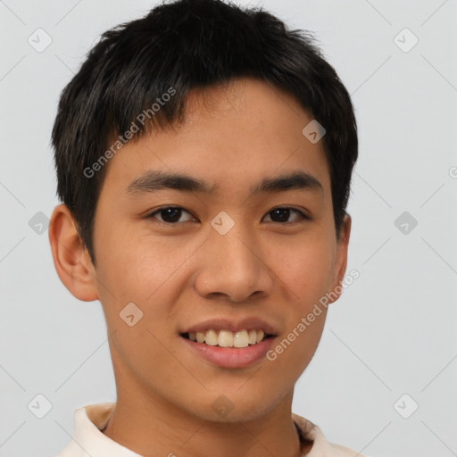 Joyful asian young-adult male with short  black hair and brown eyes