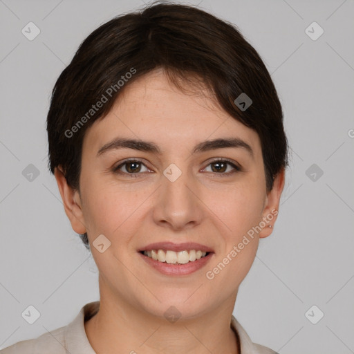 Joyful white young-adult female with short  brown hair and brown eyes