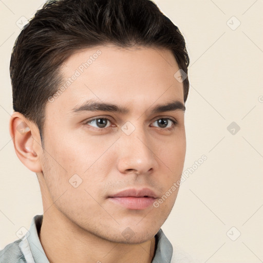 Neutral white young-adult male with short  brown hair and brown eyes