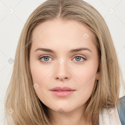 Neutral white young-adult female with long  brown hair and brown eyes