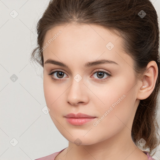 Neutral white young-adult female with medium  brown hair and brown eyes