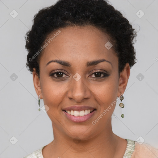 Joyful latino young-adult female with short  brown hair and brown eyes