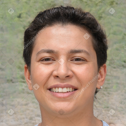 Joyful white young-adult female with short  brown hair and brown eyes