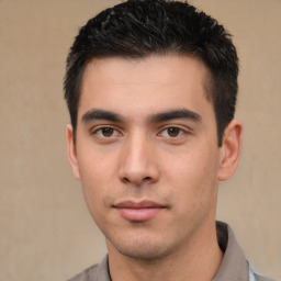 Neutral asian young-adult male with short  black hair and brown eyes