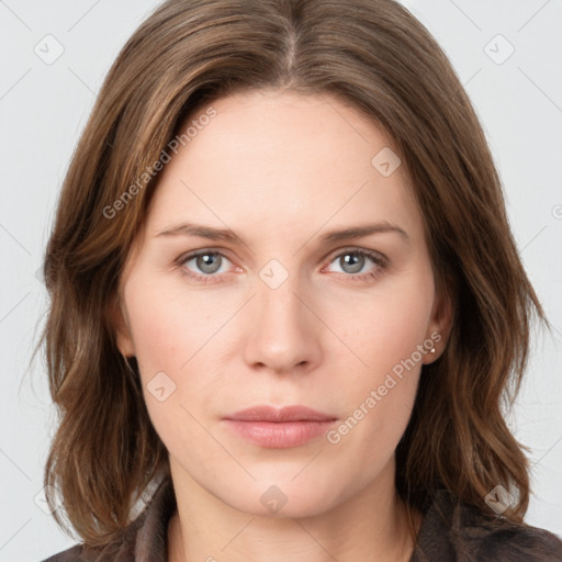 Neutral white young-adult female with medium  brown hair and grey eyes