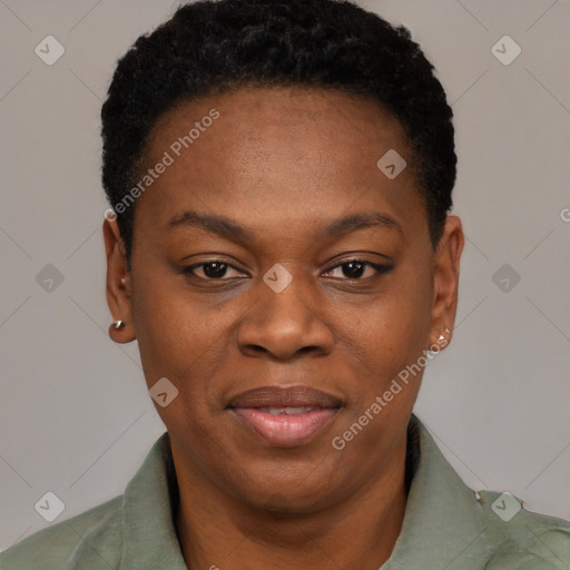 Joyful black young-adult female with short  black hair and brown eyes