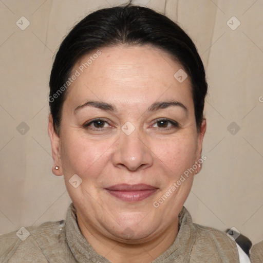 Joyful white adult female with short  brown hair and brown eyes