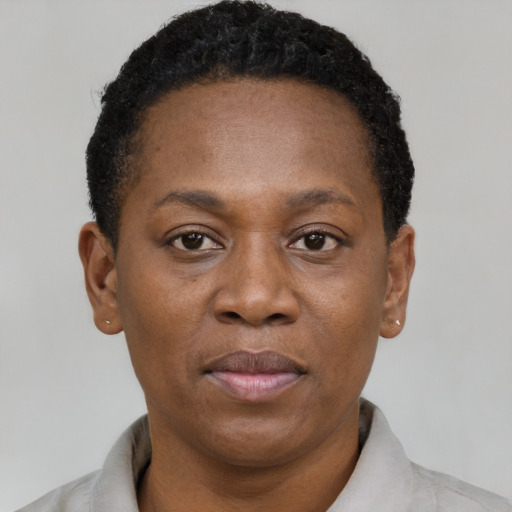 Joyful black adult female with short  brown hair and brown eyes