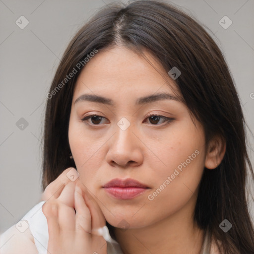 Neutral white young-adult female with medium  brown hair and brown eyes