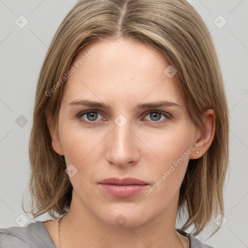 Neutral white young-adult female with medium  brown hair and grey eyes