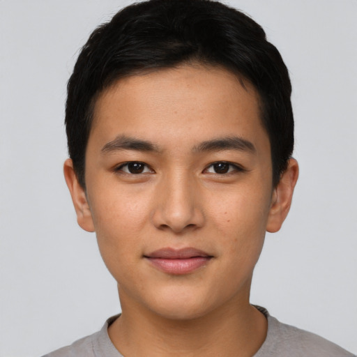 Neutral asian young-adult male with short  black hair and brown eyes