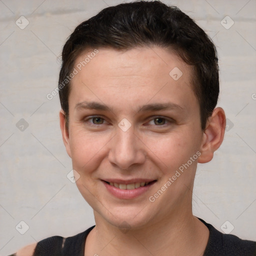 Joyful white young-adult female with short  brown hair and brown eyes