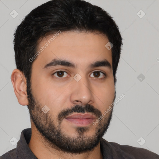 Joyful latino young-adult male with short  black hair and brown eyes