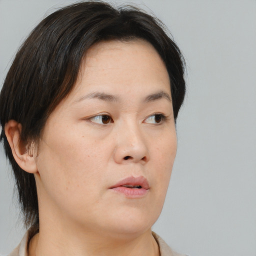 Neutral asian young-adult female with medium  brown hair and brown eyes