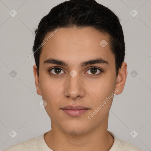 Neutral latino young-adult male with short  black hair and brown eyes