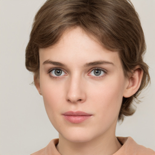 Neutral white young-adult female with medium  brown hair and grey eyes