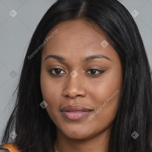 Joyful asian young-adult female with long  brown hair and brown eyes