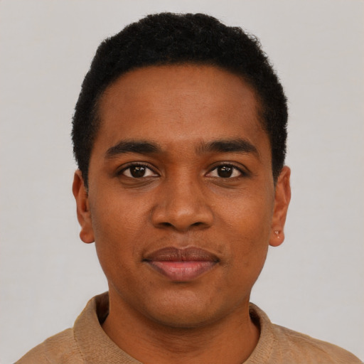 Neutral black young-adult male with short  black hair and brown eyes
