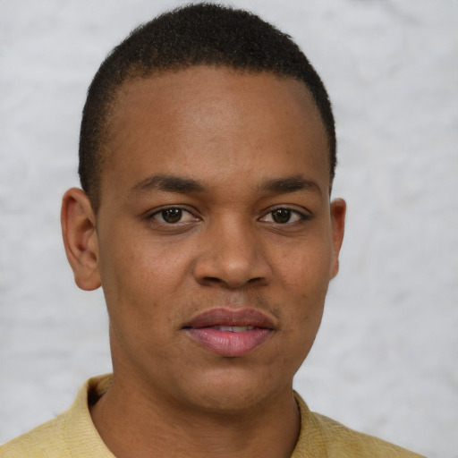 Joyful black young-adult male with short  brown hair and brown eyes