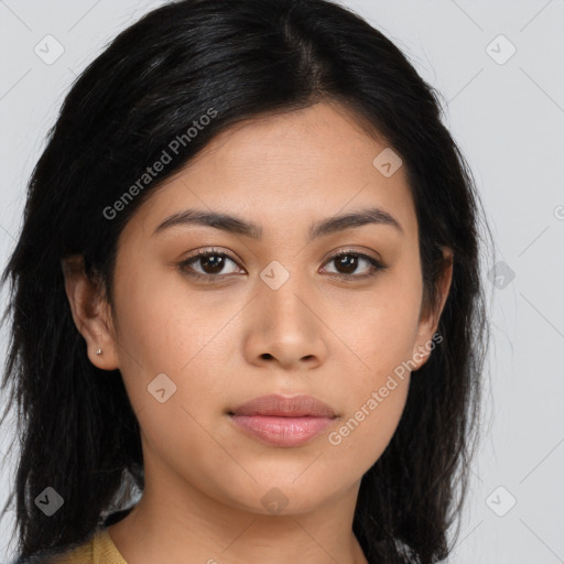 Joyful asian young-adult female with long  brown hair and brown eyes