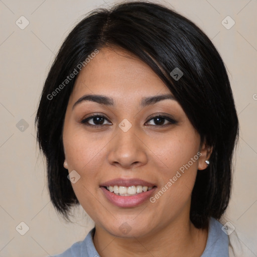 Joyful asian young-adult female with medium  black hair and brown eyes