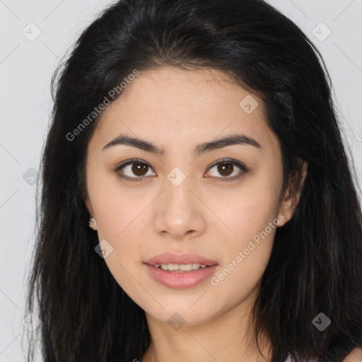 Joyful asian young-adult female with long  brown hair and brown eyes