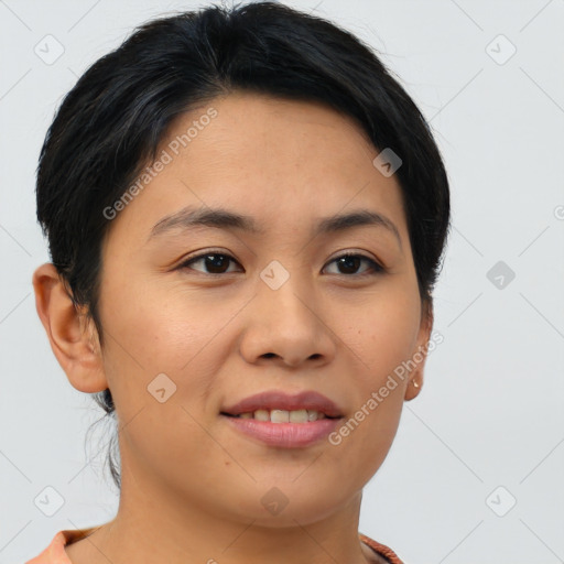 Joyful asian young-adult female with short  brown hair and brown eyes