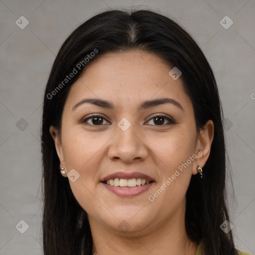 Joyful white young-adult female with long  brown hair and brown eyes