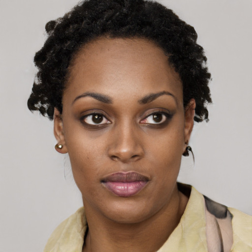 Neutral black young-adult female with short  black hair and brown eyes