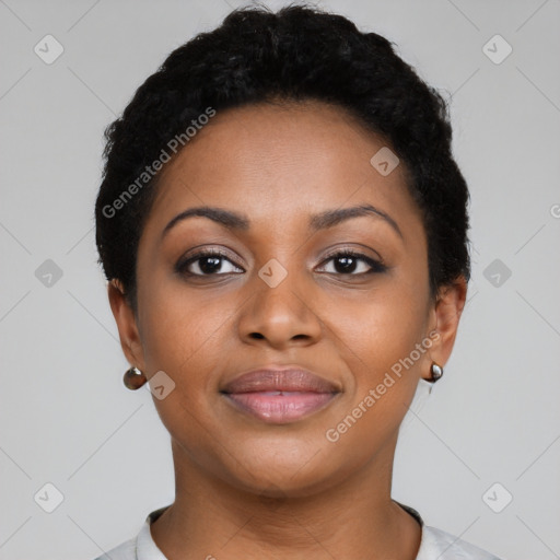 Neutral black young-adult female with short  black hair and brown eyes