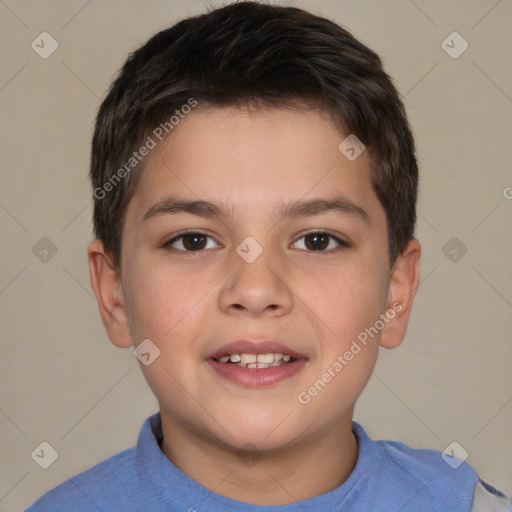 Joyful white child male with short  brown hair and brown eyes