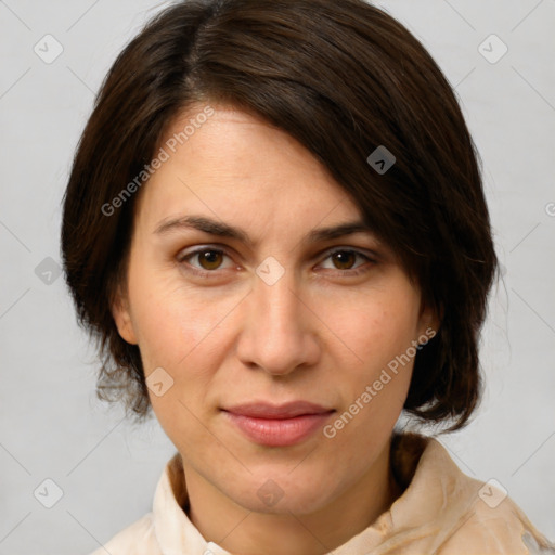 Joyful white adult female with medium  brown hair and brown eyes