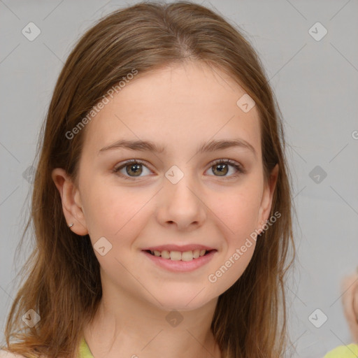 Joyful white child female with medium  brown hair and brown eyes