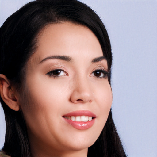 Joyful white young-adult female with long  black hair and brown eyes