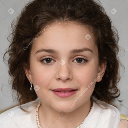 Joyful white child female with medium  brown hair and brown eyes