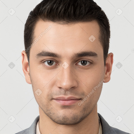 Neutral white young-adult male with short  brown hair and brown eyes