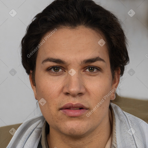 Joyful white adult female with short  brown hair and brown eyes