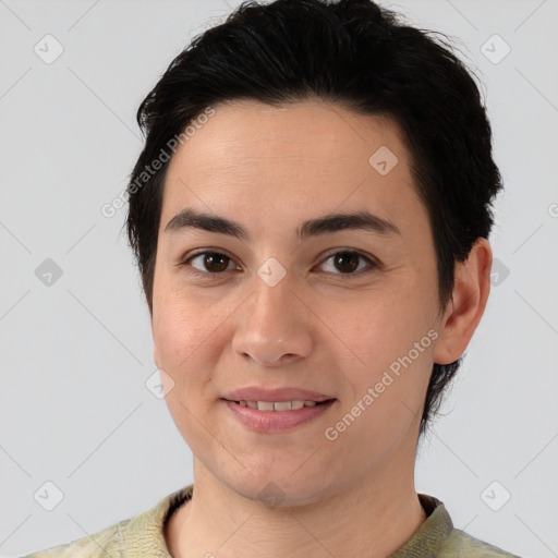 Joyful white young-adult female with short  black hair and brown eyes