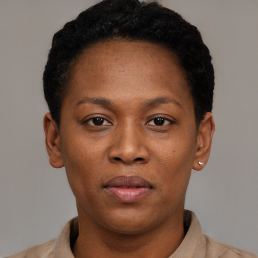 Neutral black young-adult female with short  black hair and brown eyes