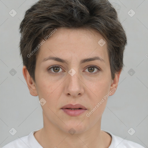 Neutral white young-adult female with short  brown hair and brown eyes